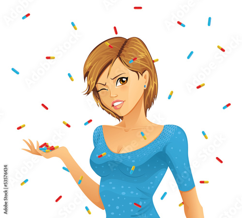 Woman overwhelmed by medicine pills