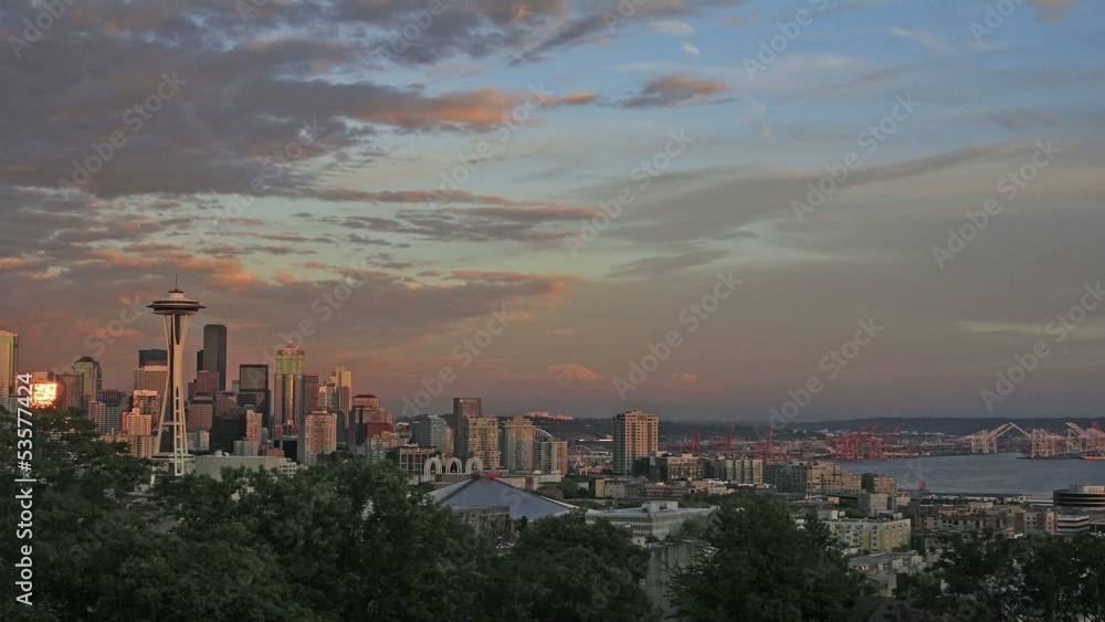 Seattle Washington Cityscape with Mt Rainier Timelapse at Sunset Seattle Washington Cityscape with Mt Rainier Timelapse at Sunset