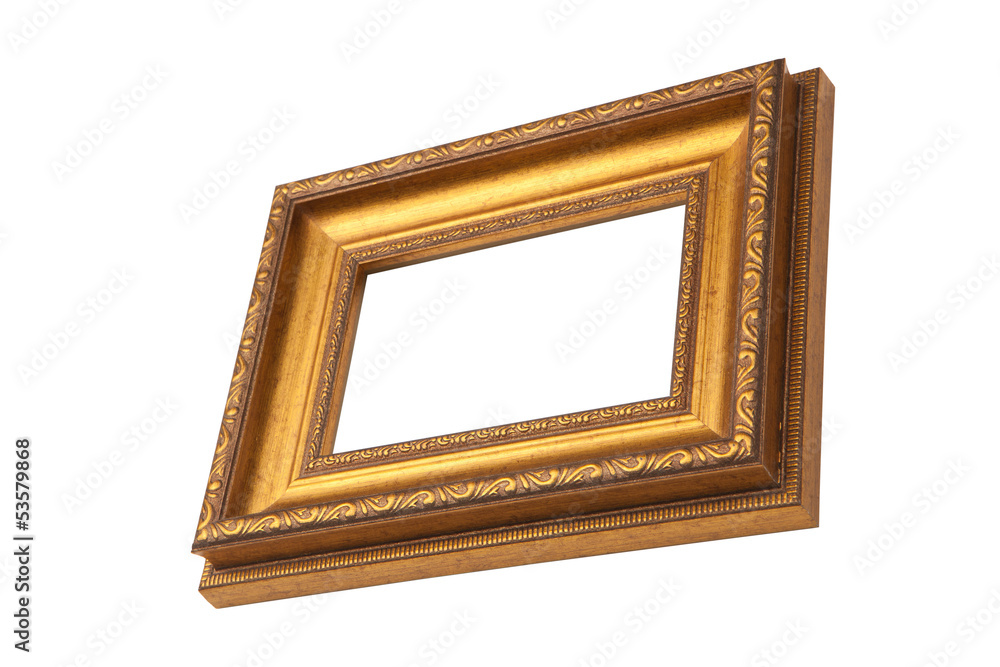 Fototapeta premium Golden antique frame, isolated on white background. View from s