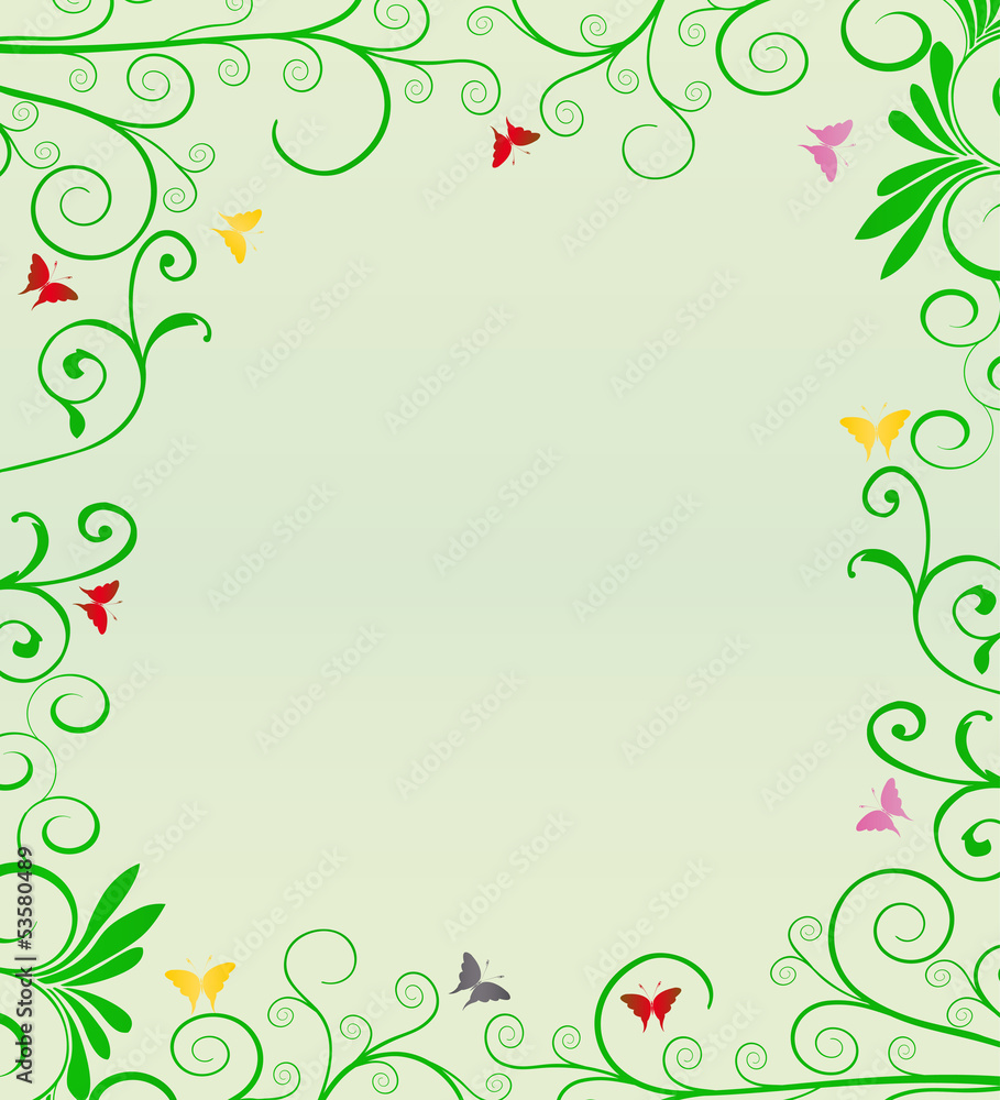 Background with green vegetation on the edges and butterflies Background with green vegetation on the edges and butterflies