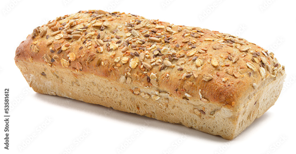 Loaf of 7-grain bread isolated on white background