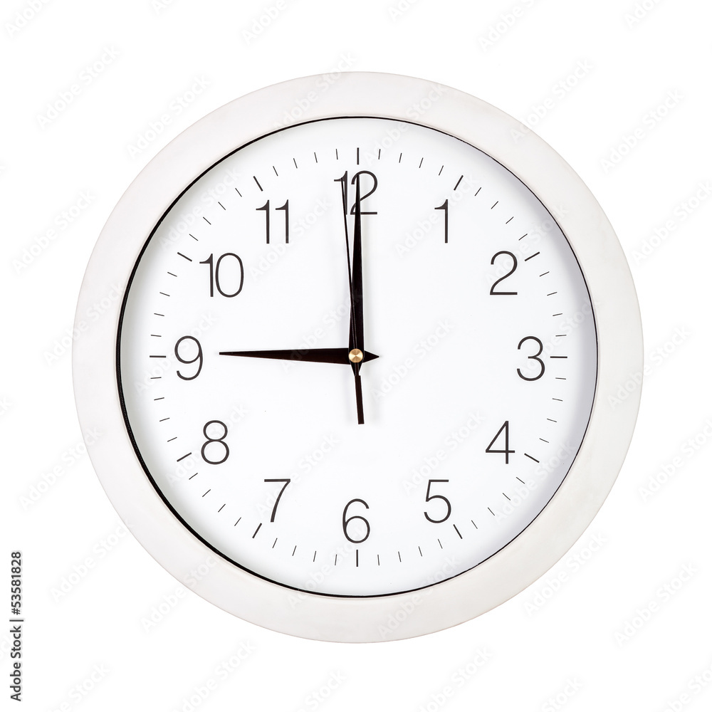 Clock face showing nine o'clock Clock face showing nine o'clock