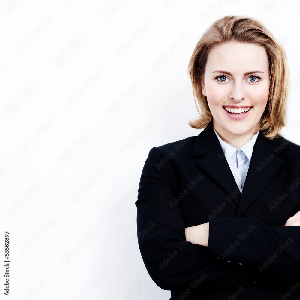 Blonde business woman with white message board Blonde business woman with white message board