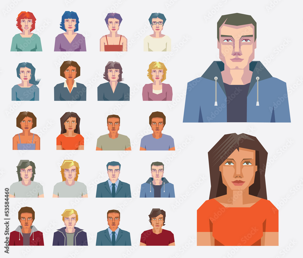 Set of vector portraits and faces for avatar icons. Set of vector portraits and faces for avatar icons.