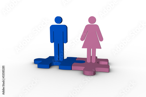 Blue and pink human figures over jigsaw pieces meshed together