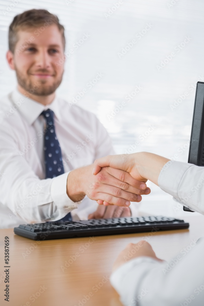 Fototapeta premium Smiling businessman shaking hands with a co worker