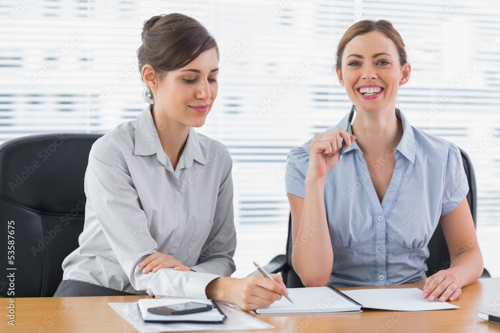 Smiling businesswomen working on documents Smiling businesswomen working on documents