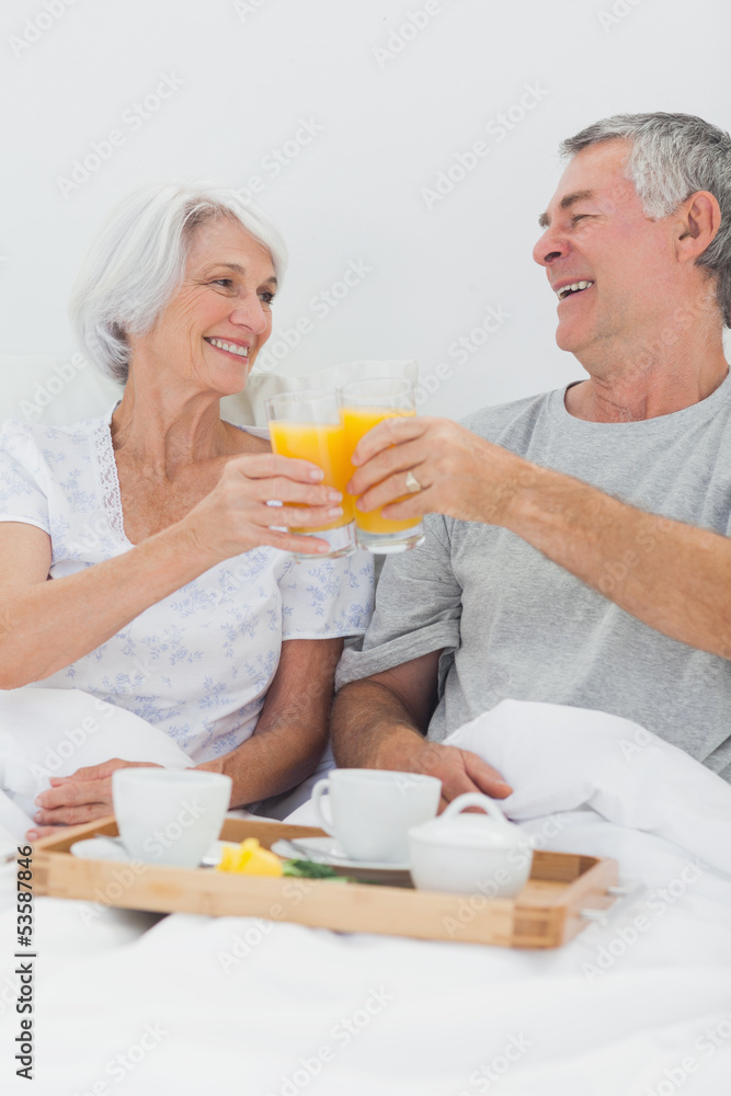 Cheerful couple clinking their orange juice glasses