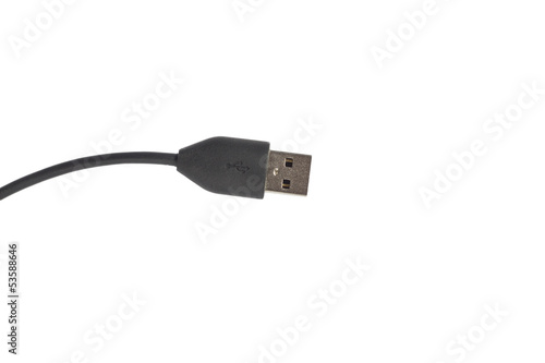 USB cable is black, isolated on white background
