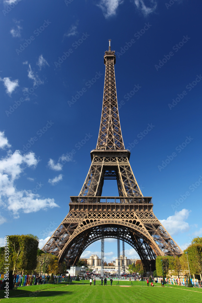 Eiffel Tower with city park  in Paris, France