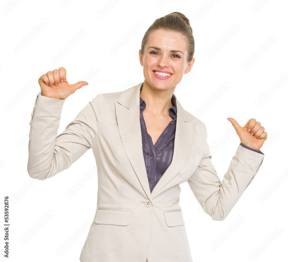 Smiling business woman pointing on herself Smiling business woman pointing on herself