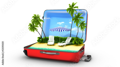 Opening red bag with animated palms and water