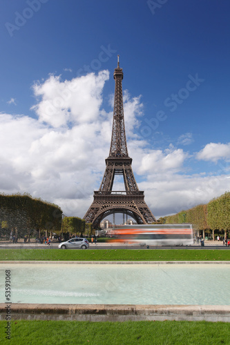 Eiffel Tower with city bus in Paris, France