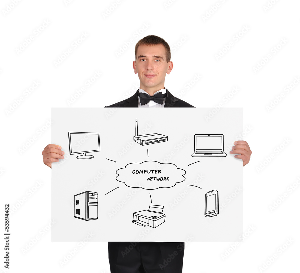 placard with computer network scheme placard with computer network scheme