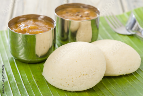 Idli, Chutney and Sambar - Indian steamed rice cakes and sides