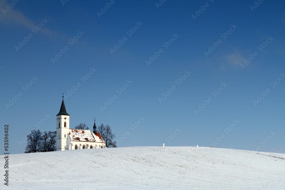 Village church and snowman, snowmen