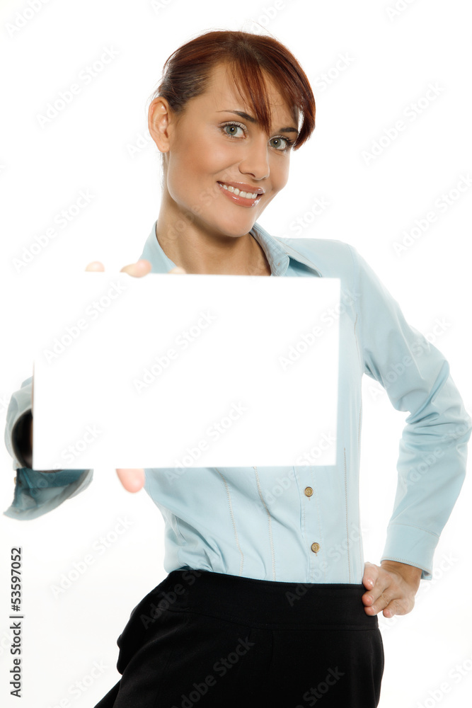 Smiling woman holding blank business card. Focus on face. Smiling woman holding blank business card. Focus on face.