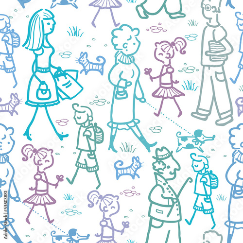 Vector people walking seamless pattern background and borders