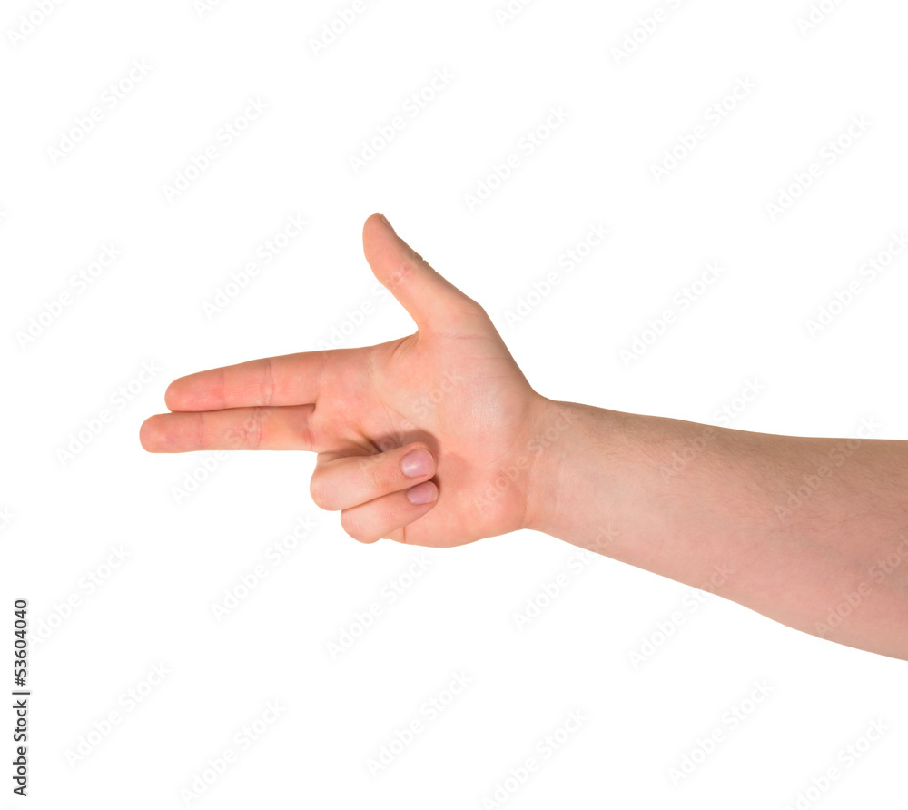 Pointing pistol-like hand gesture isolated Pointing pistol-like hand gesture isolated