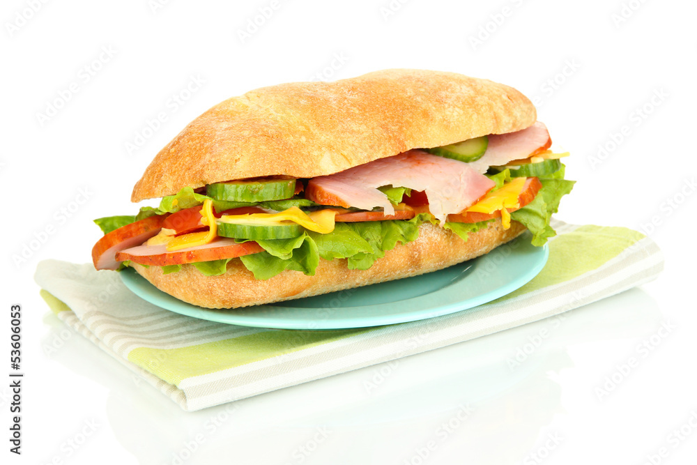 Fresh and tasty sandwich with ham and vegetables isolated Fresh and tasty sandwich with ham and vegetables isolated
