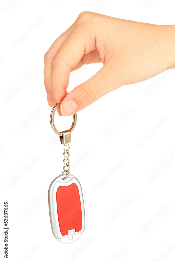 Keychain in hand  isolated on white