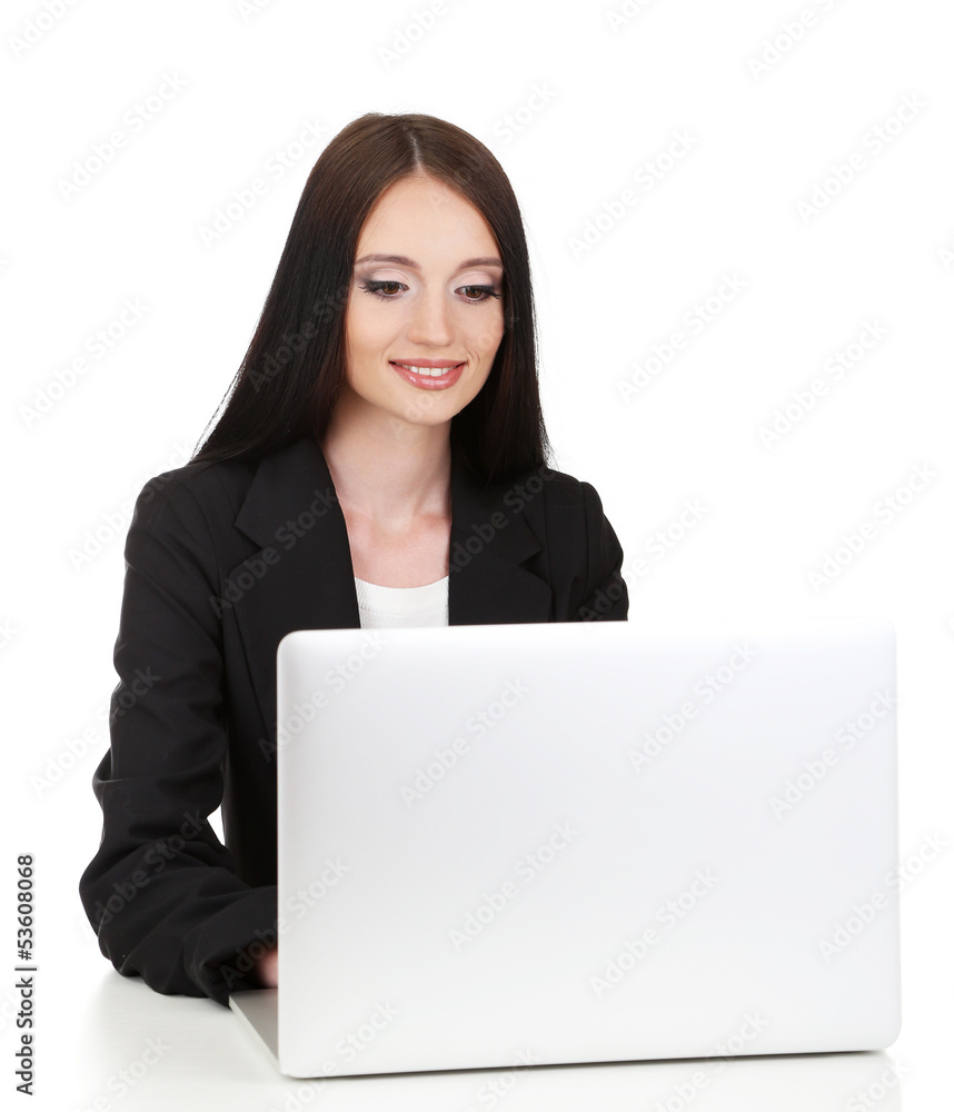 Young business woman working with computer, isolated on white Young business woman working with computer, isolated on white