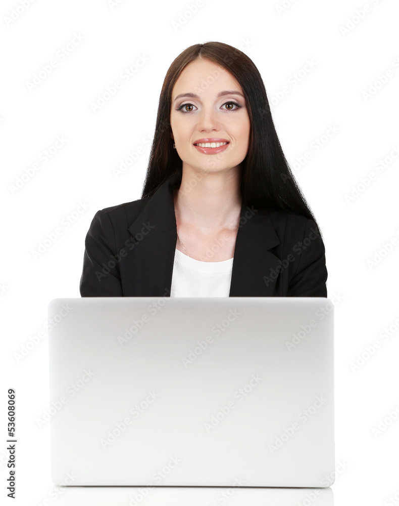 Young business woman working with computer, isolated on white Young business woman working with computer, isolated on white