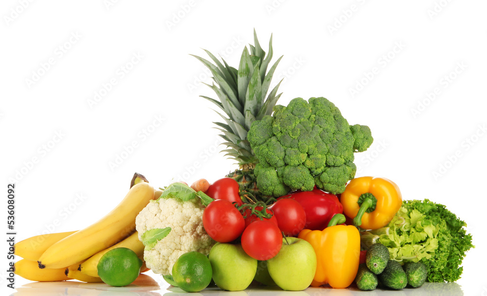 Assortment of fresh fruits and vegetables, isolated on white Assortment of fresh fruits and vegetables, isolated on white