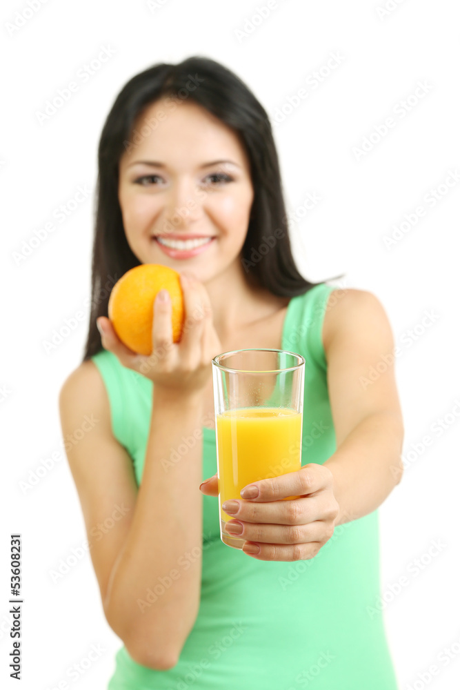 Girl with fresh juice and orange isolated on white Girl with fresh juice and orange isolated on white
