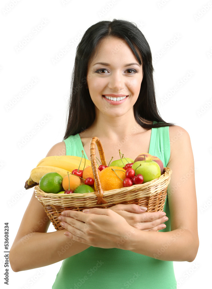 Girl with fresh fruits isolated on white Girl with fresh fruits isolated on white