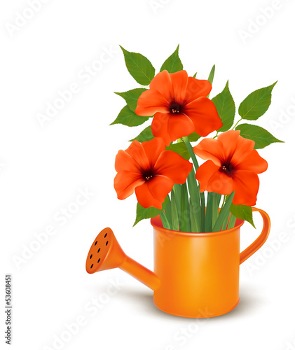 Fresh summer flowers growing in a watering can. Vector.