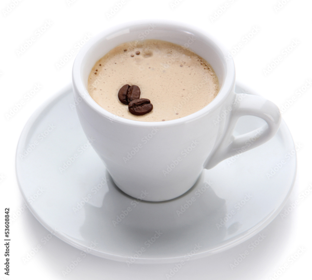 Cup of coffee with coffee beans, isolated on white Cup of coffee with coffee beans, isolated on white