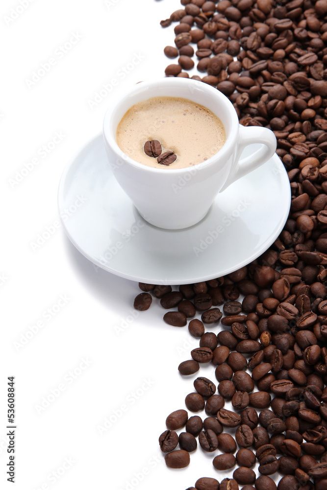 Cup of coffee with coffee beans, isolated on white Cup of coffee with coffee beans, isolated on white