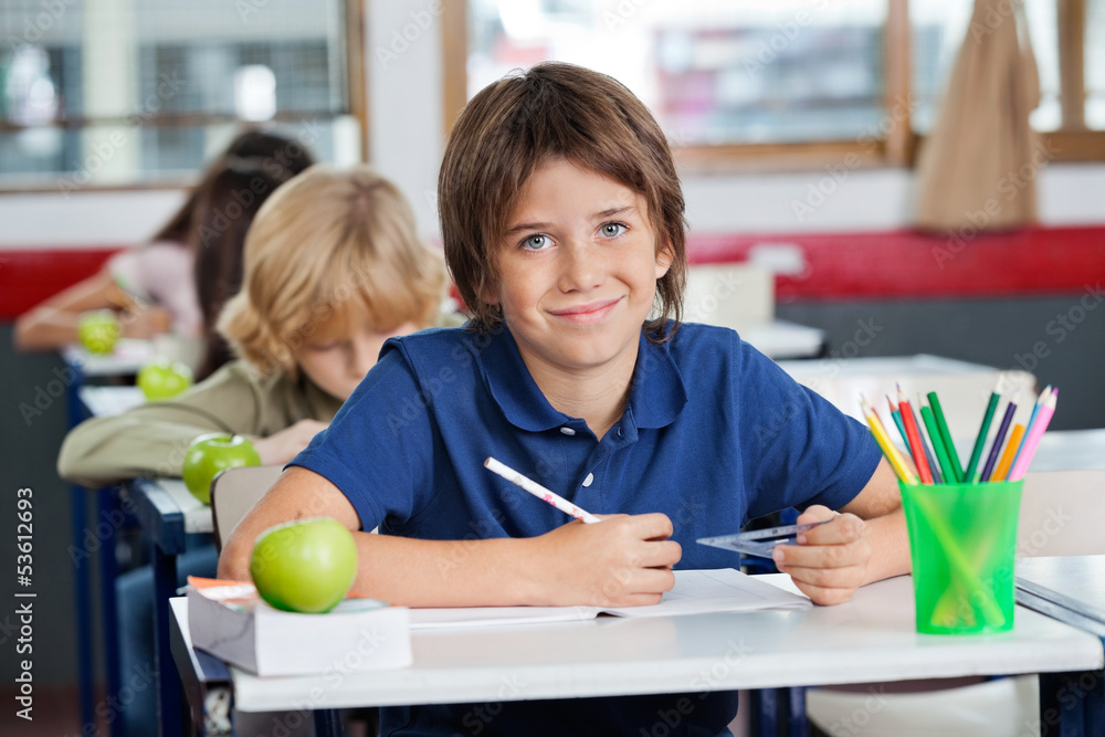 Schoolboy Smiling While Sitting With Classmates In A Row At Desk Schoolboy Smiling While Sitting With Classmates In A Row At Desk