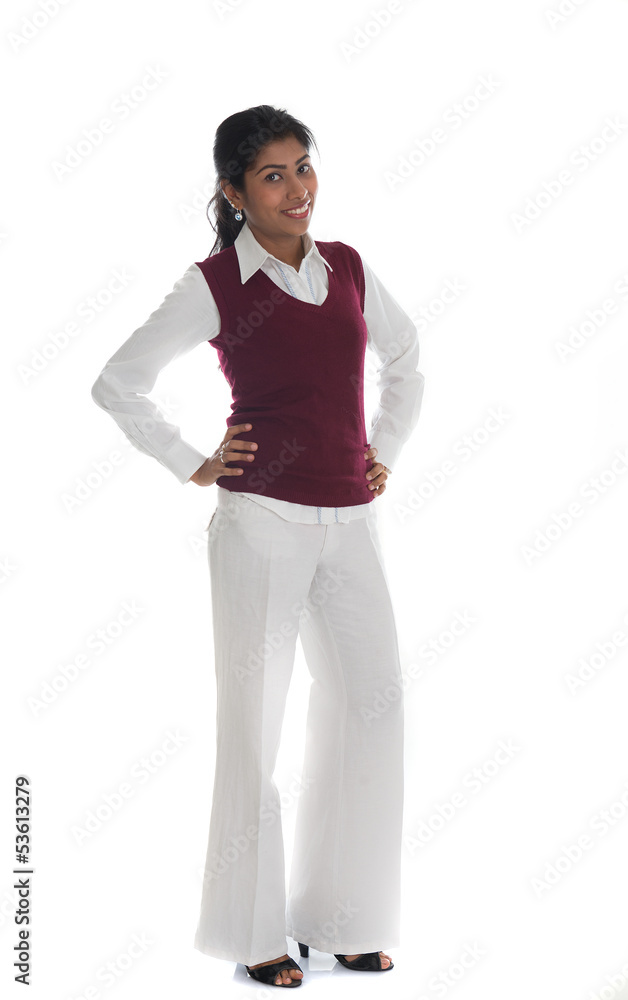 portrait of casual Indian woman smiling full body isolated on wh portrait of casual Indian woman smiling full body isolated on wh
