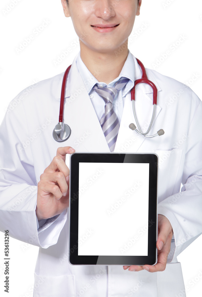 doctor with stethoscope showing blank tablet pc doctor with stethoscope showing blank tablet pc