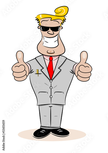 A cartoon businessman with thumbs up and cheesy smile