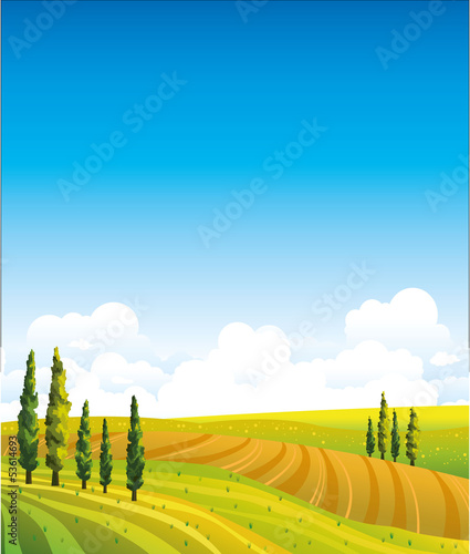 Landscape with green field and blue sky