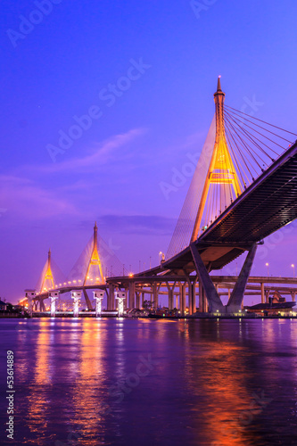 Bhumibol huge industrial bridge at dusk in Samut Prakarn Bangkok