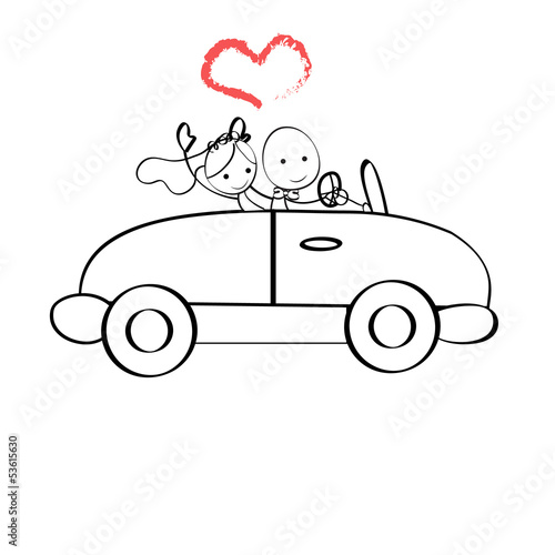Doodle illustration The bride and groom riding in a car