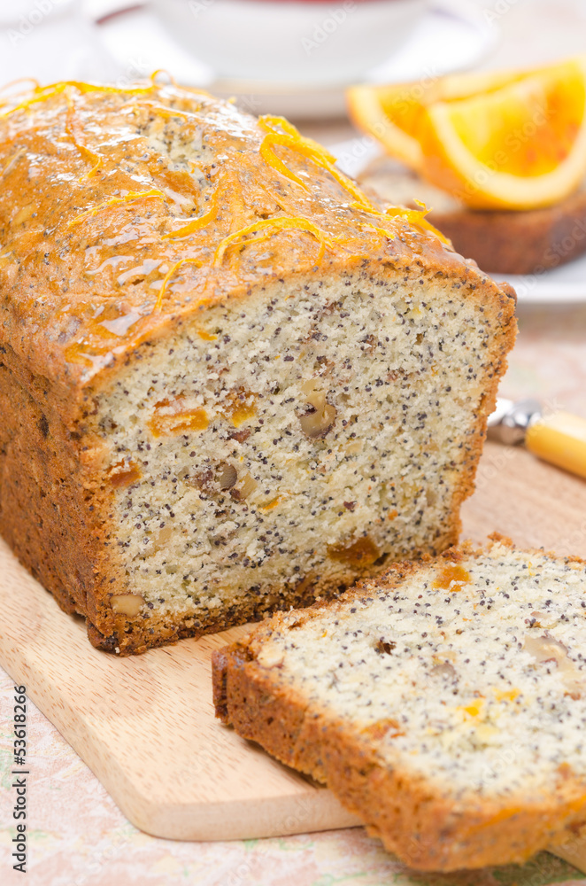 orange cake with poppy seeds, dried apricots, walnuts and honey orange cake with poppy seeds, dried apricots, walnuts and honey