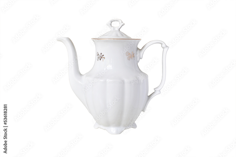 White porcelain teapot - white background - obrazy, fototapety, plakaty 