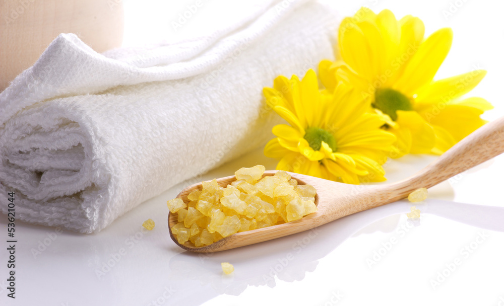 spa still, towel, salts and flower spa still, towel, salts and flower