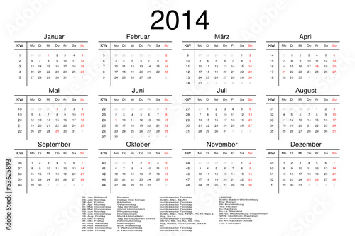Kalender 2014 mit Feiertage