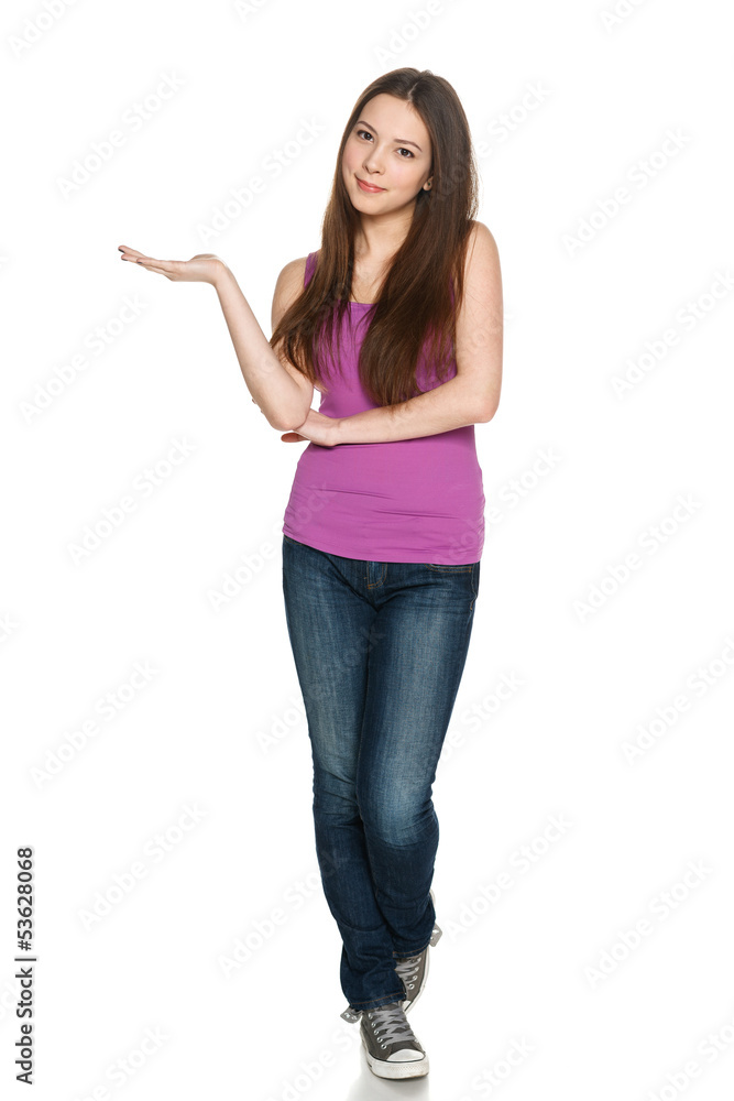 Female in full length holding blank copy space at her palm Female in full length holding blank copy space at her palm