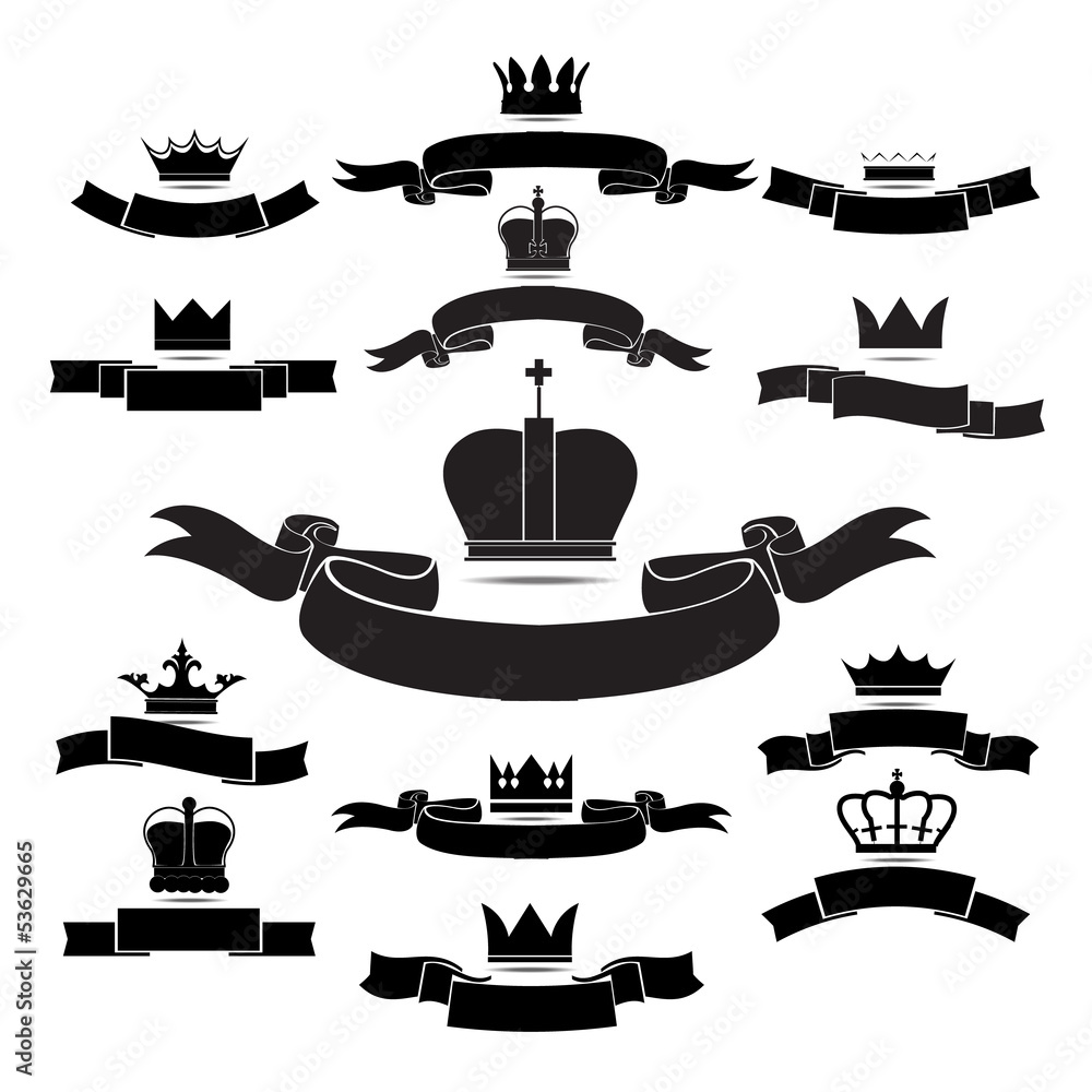 king and queen crown silhouette icon set isolated on white backg