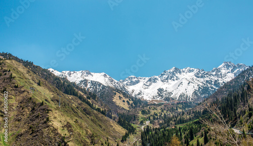 Nature of mountains, snow, road on Medeo in Almaty, Kazakhstan