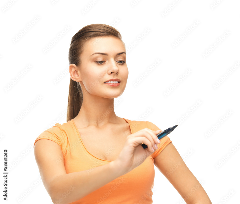 woman writing something in the air woman writing something in the air