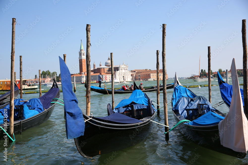 View of gondolas in front of San Giorgio Maggiore island