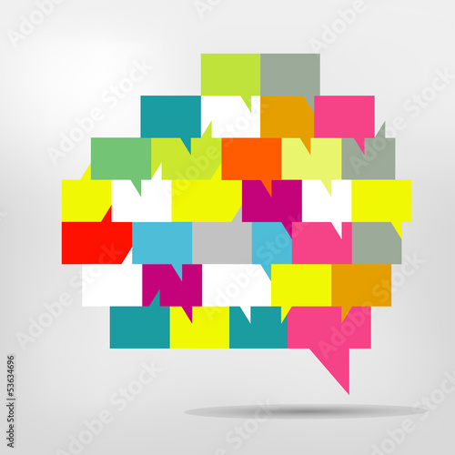 Brain with speech bubbles. Colorful speak and dialog bubbles.